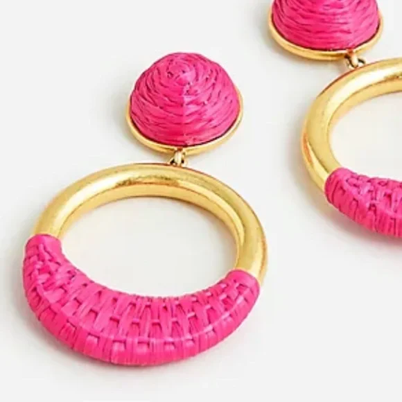 JCREW Faux- Raffia Wrapped Hoop Earrings NWT Vivid Begonia - Picture 4 of 7
